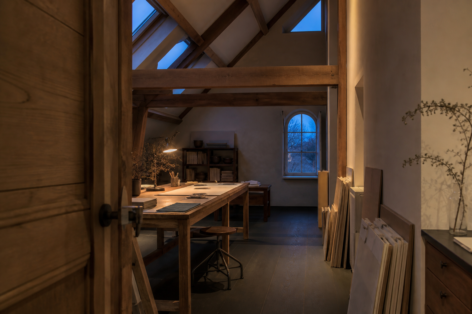 Een rustig verlicht atelier tijdens de blauwe avond