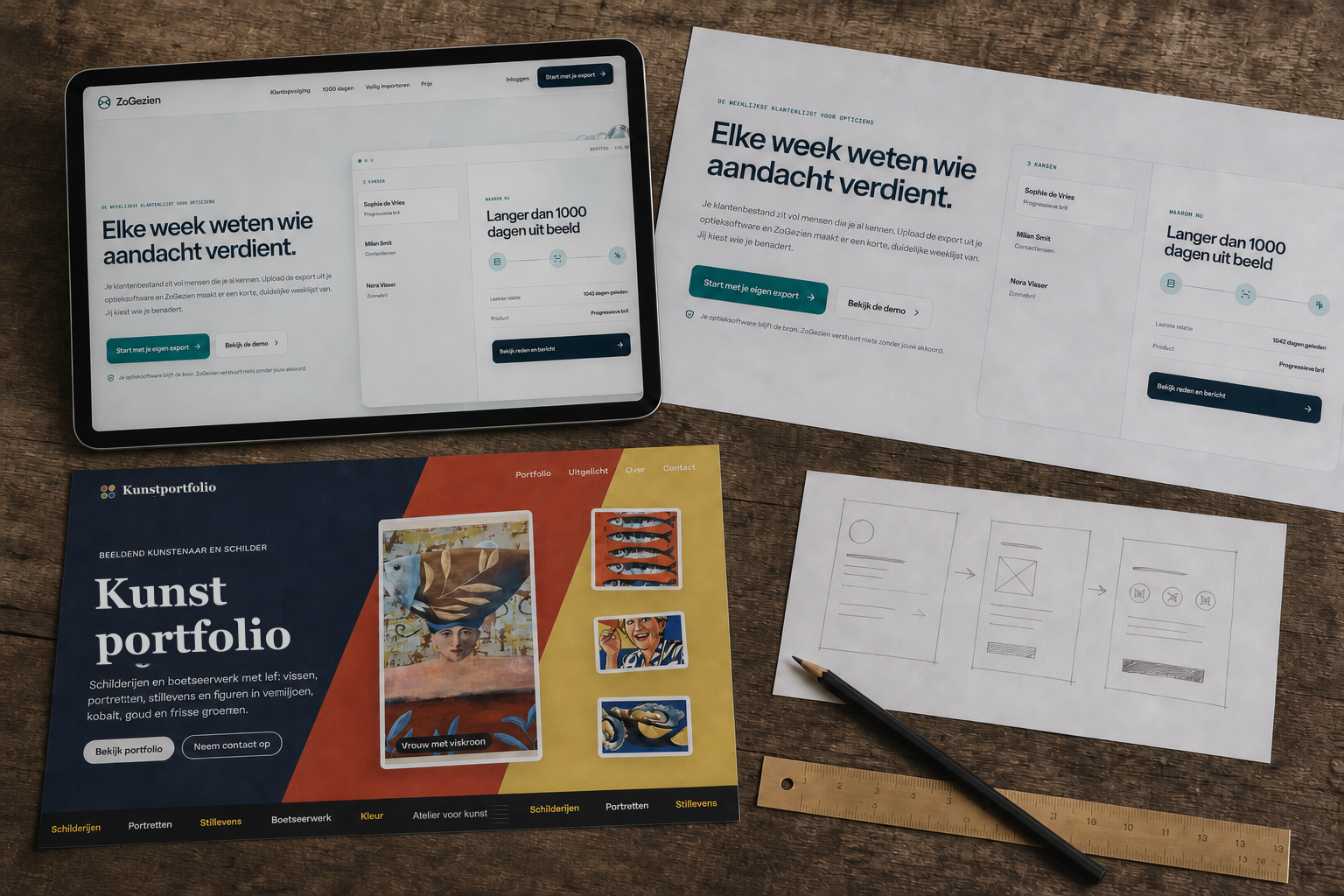 Websites en wireframes op de digitale werktafel van Atelier Bastique