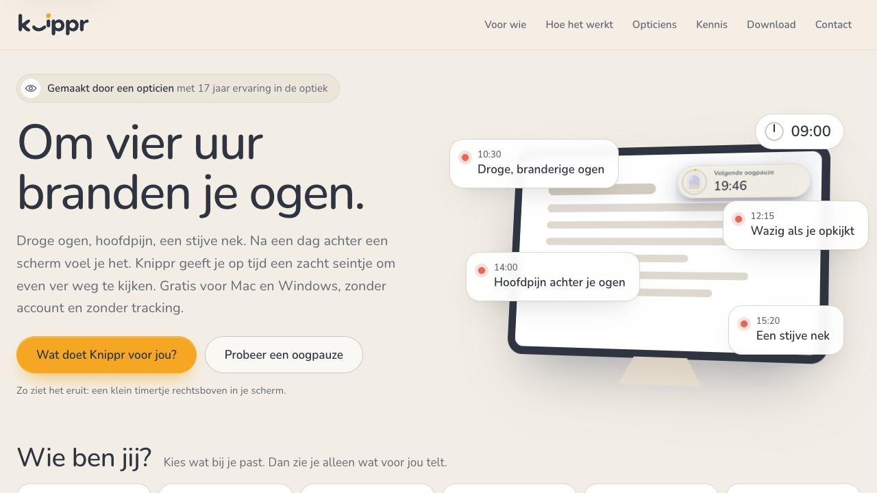 Actuele Knippr-startpagina met een klein pauzetimertje en uitleg voor een schermdag
