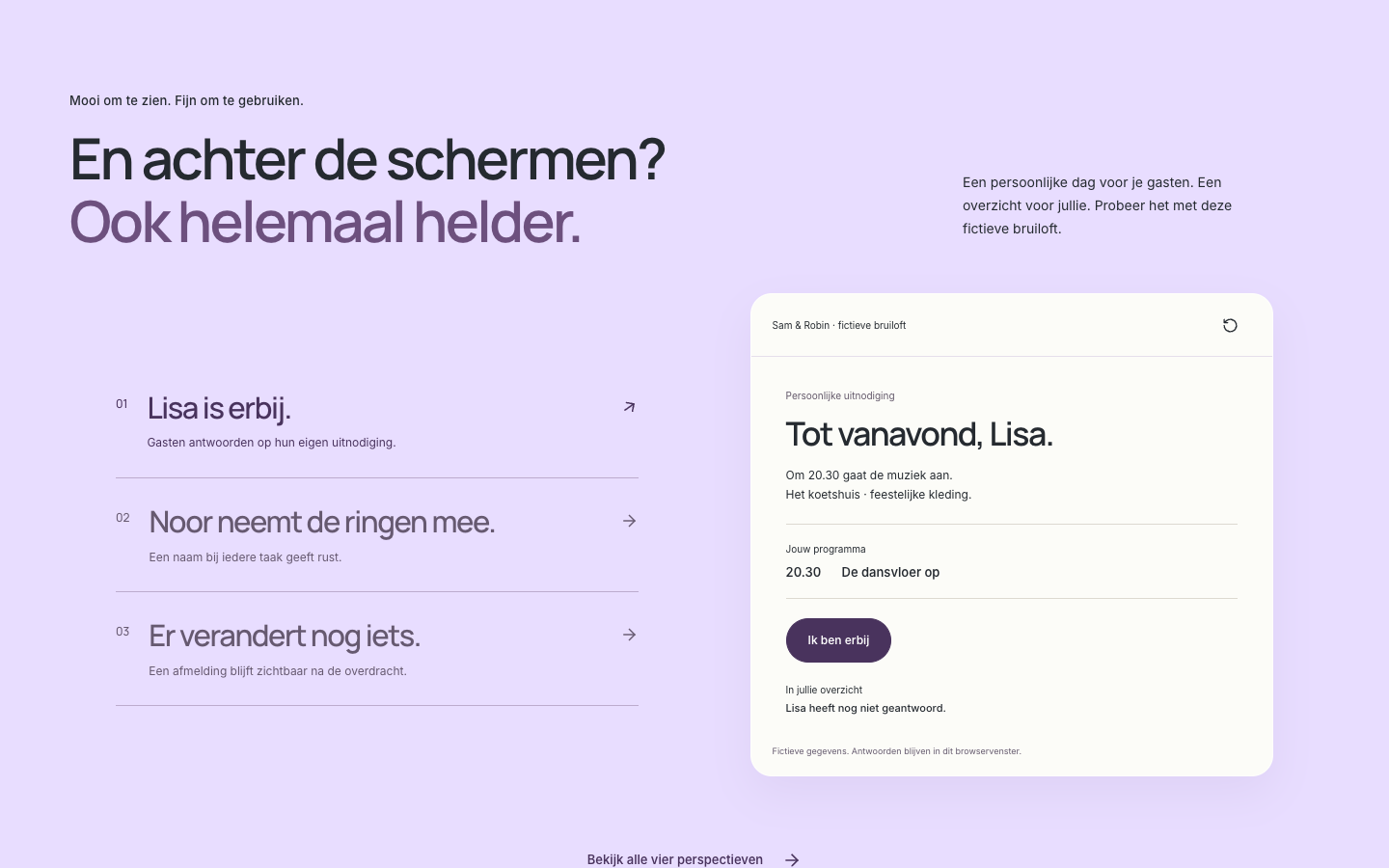 Lila Wij Vieren-demonstratie met een fictieve uitnodiging en voorbeelden van gastenantwoorden, taken en wijzigingen
